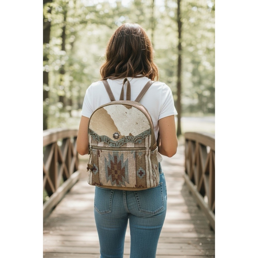 Myra Southwestern Backpack Purse Native‎ Aztec Blanket Leather Cotton Calf Hair